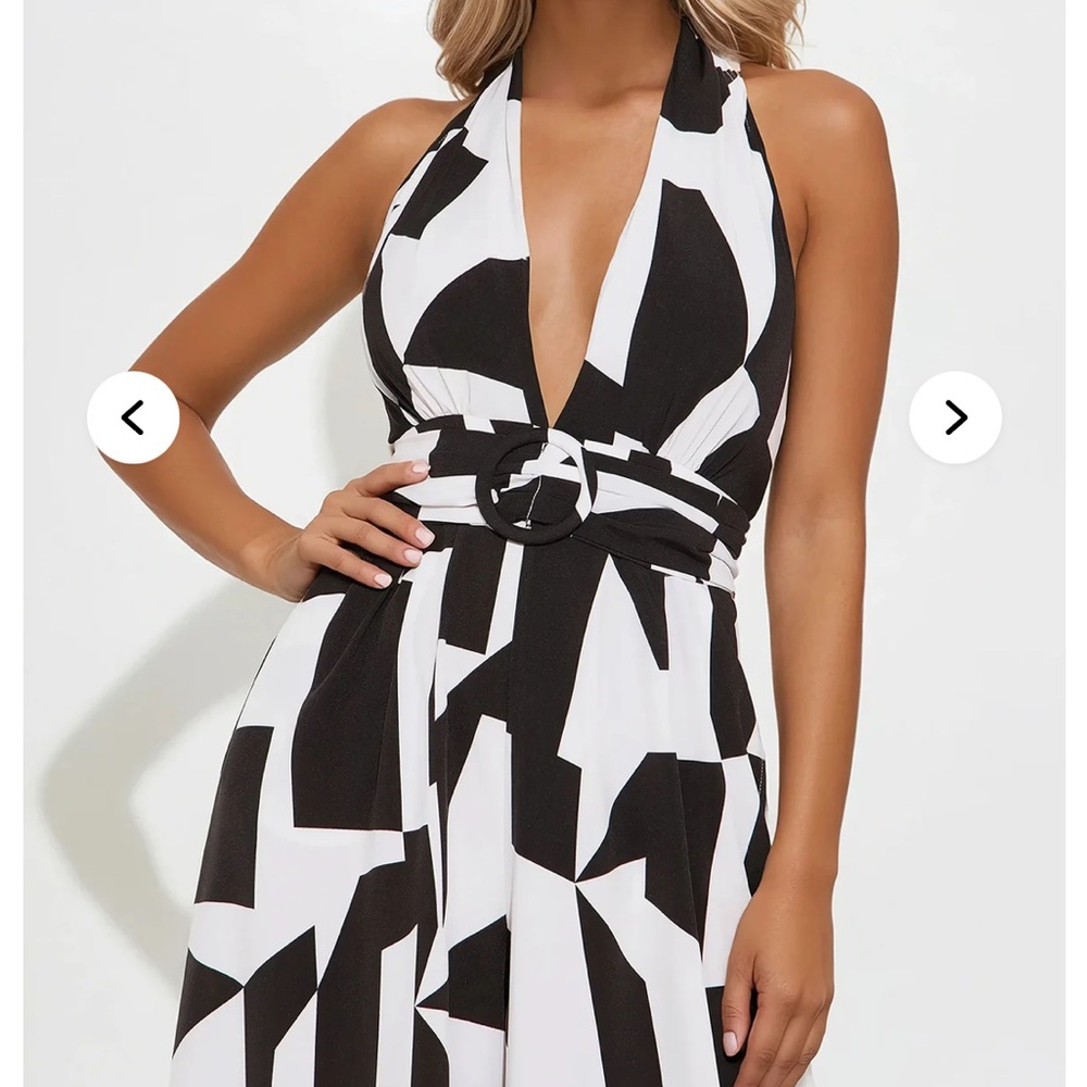 Black & White Geometric Halter Jumpsuit with Ring Belt